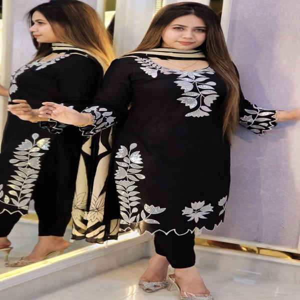 সিকোয়েন্স এবং এমব্রয়ডারি কাজ করা সম্পূর্ণ রেডি থ্রি-পিস কালেকশন।।SCM2