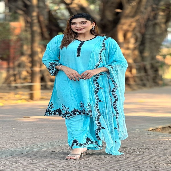 তাঁতাল কাটোওয়ার্ক এমব্রয়ডারি কাজ করা সম্পূর্ণ সেলাই করা থ্রি-পিস কালেকশন।।TA3