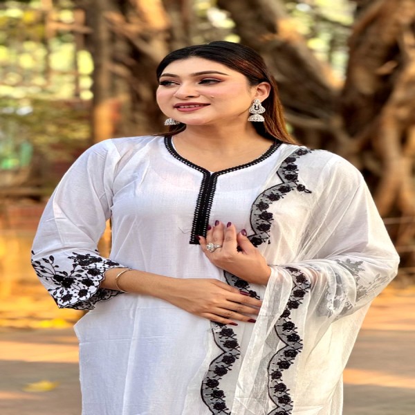 তাঁতাল কাটোওয়ার্ক এমব্রয়ডারি কাজ করা সম্পূর্ণ সেলাই করা থ্রি-পিস কালেকশন।।TA4