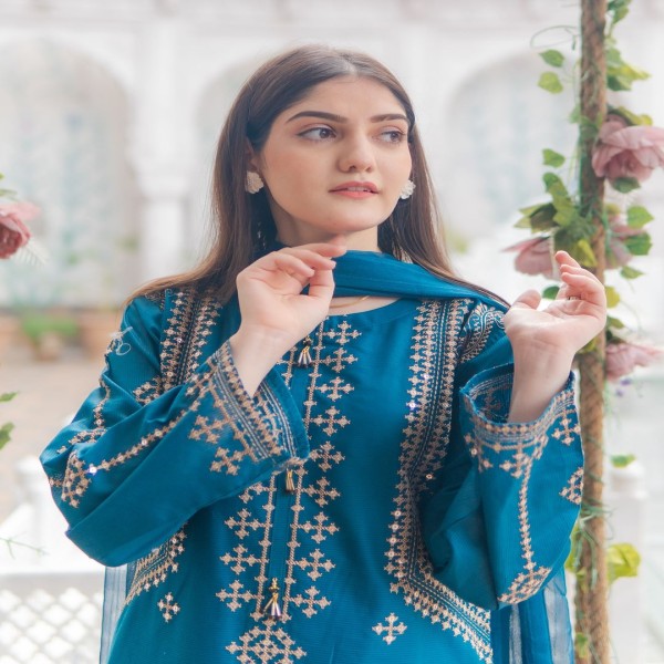 স্লাব কটন কাপড়ের উপর গর্জিয়াস হেভি এমব্রয়ডারি কাজ করা রেডি থ্রিপিস কালেকশন। Torrey HE2
